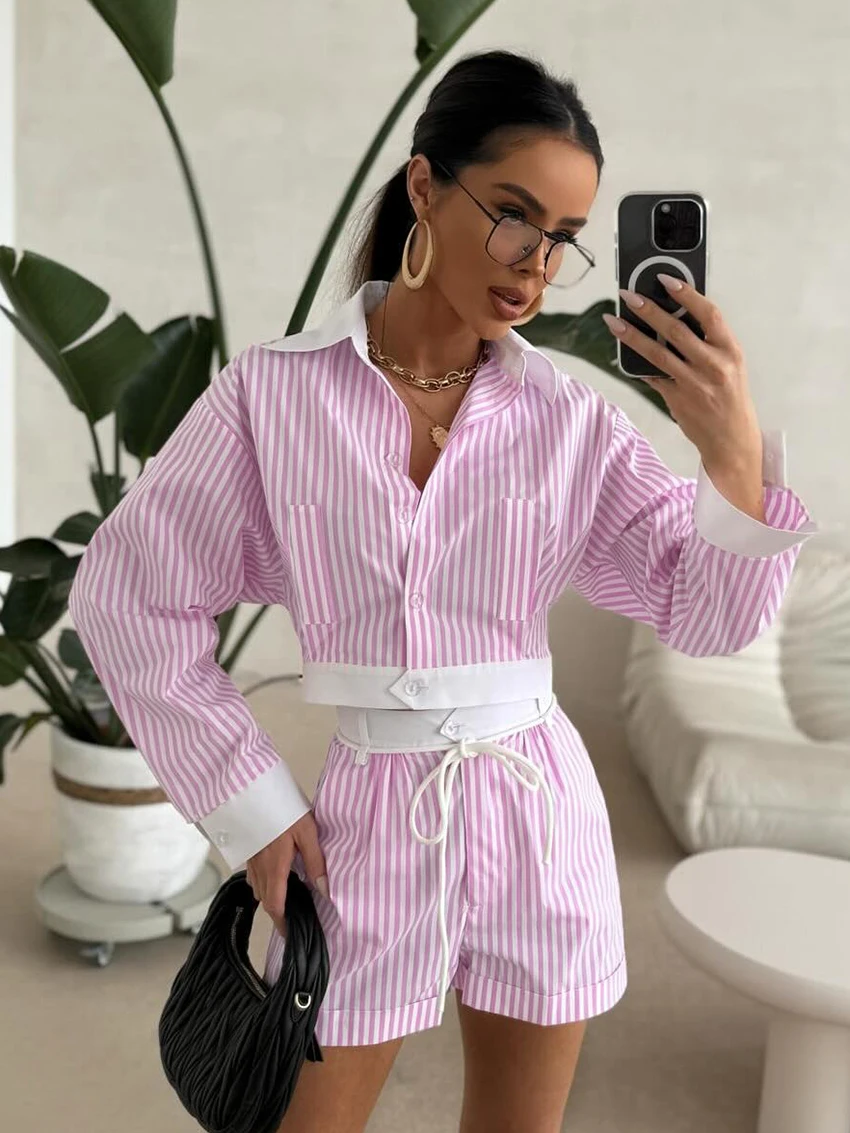 

Marthaqiqi Striped Ladies Nightgown Set Long Sleeve Pajamas Sexy Turn-Down Collar Nightie Crop Top Pyjamas Shorts Sleepwear Suit