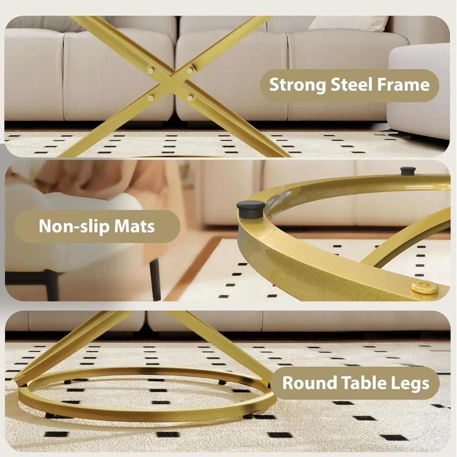 Glass Coffee Table, Round Ring Gold Metal Frame, Large Modern Minimalist Coffee Table For Decoration