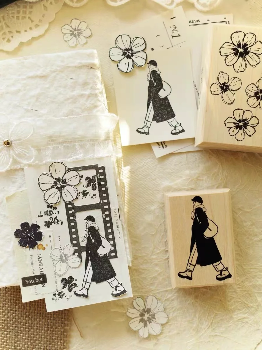 Vintage Turning Left Right Girl Wooden Rubber Stamp for DIY Scrapbooking Photo Album Card Making