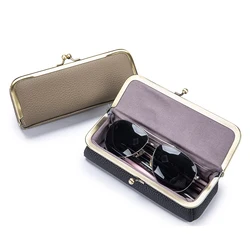 Genuine Leather Glasses Case Fashion Pencil Bag with Kiss Lock Brand Coin Purse Women Travel Sunglasses Box Eyebrow Pencil Box