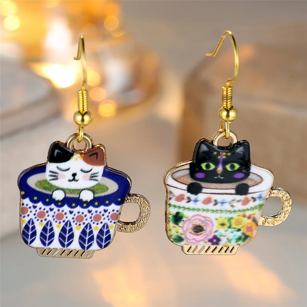 Charm Female Rainbow Enamel Cat Cup Drop Earrings Gold Color Cute Trendy Bridal Wedding Jewelry For Women