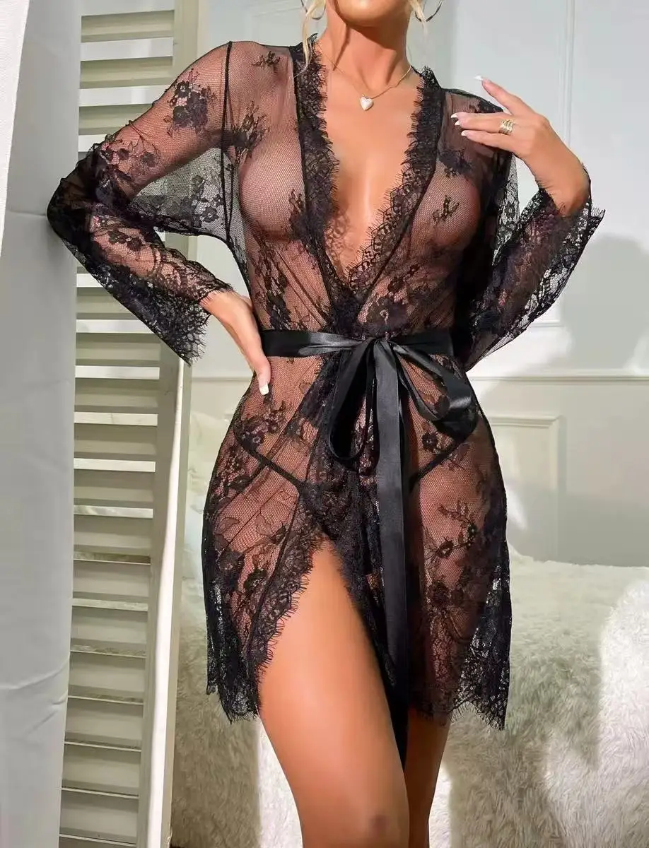 セクシーなシースルーメッシュレースセクシーなナイトガウンヨーロッパとアメリカンスタイルのいちゃつく誘惑の弓