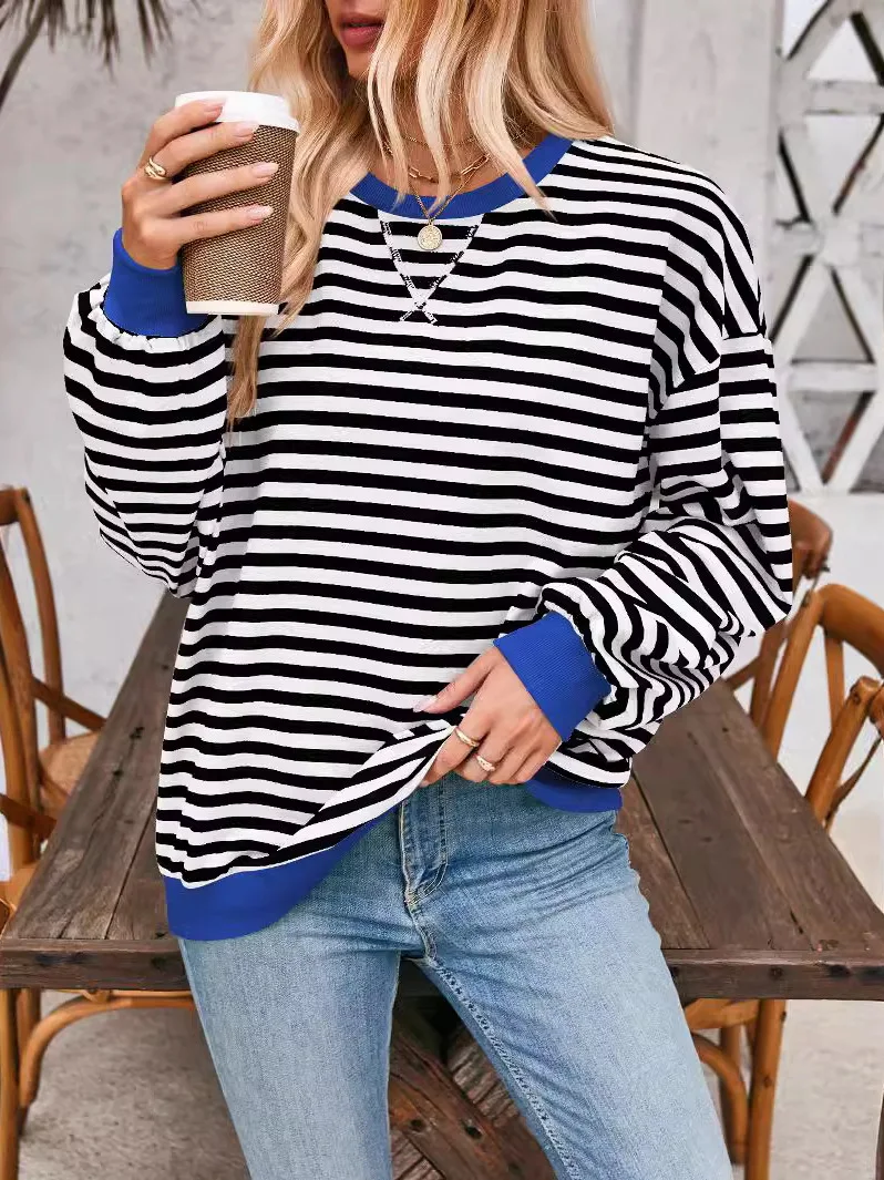 Sudadera con capucha a rayas de colores sueltos para mujer, sudadera de retazos de gran tamaño, Top informal estampado redondo de calle Sle Long Sve