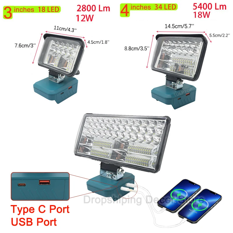 Portátil LED Work Light, lanterna sem fio, Spotlight, iluminação de emergência, Li-ion Battery, Makita, Lomvum, Zhipu, Hongsong, 18V