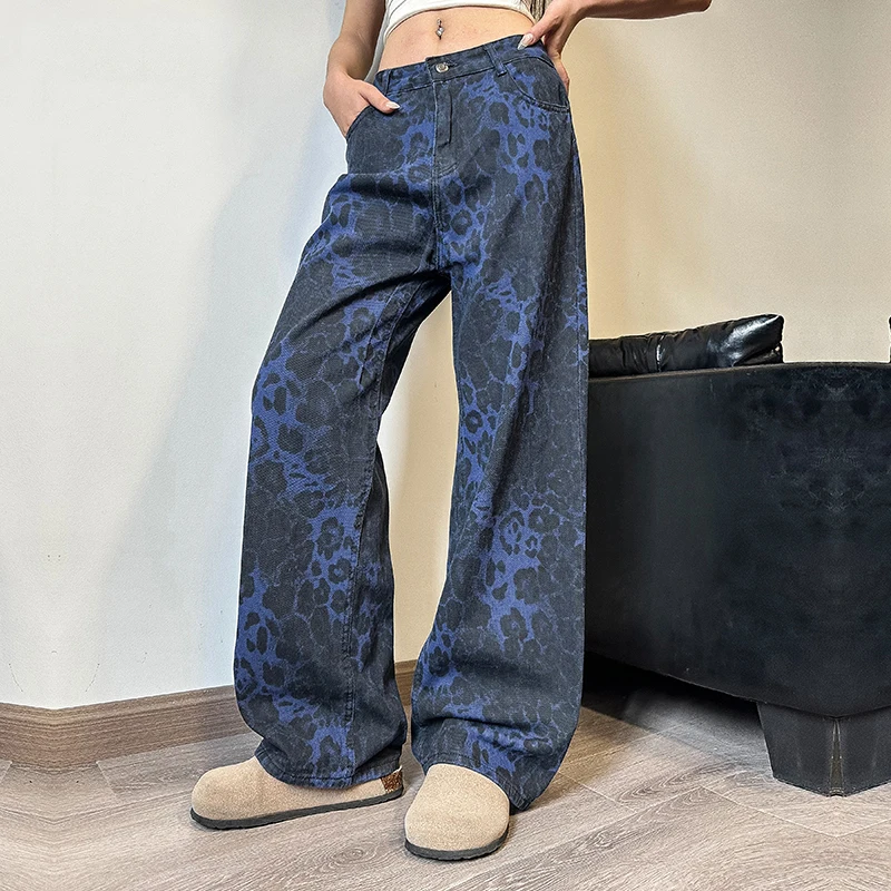 

Women's Leopard Print Jeans Vintage Casual Straight Pants Streetwear Loose Wide Leg Pants Y2K Baggy Denim Trouser