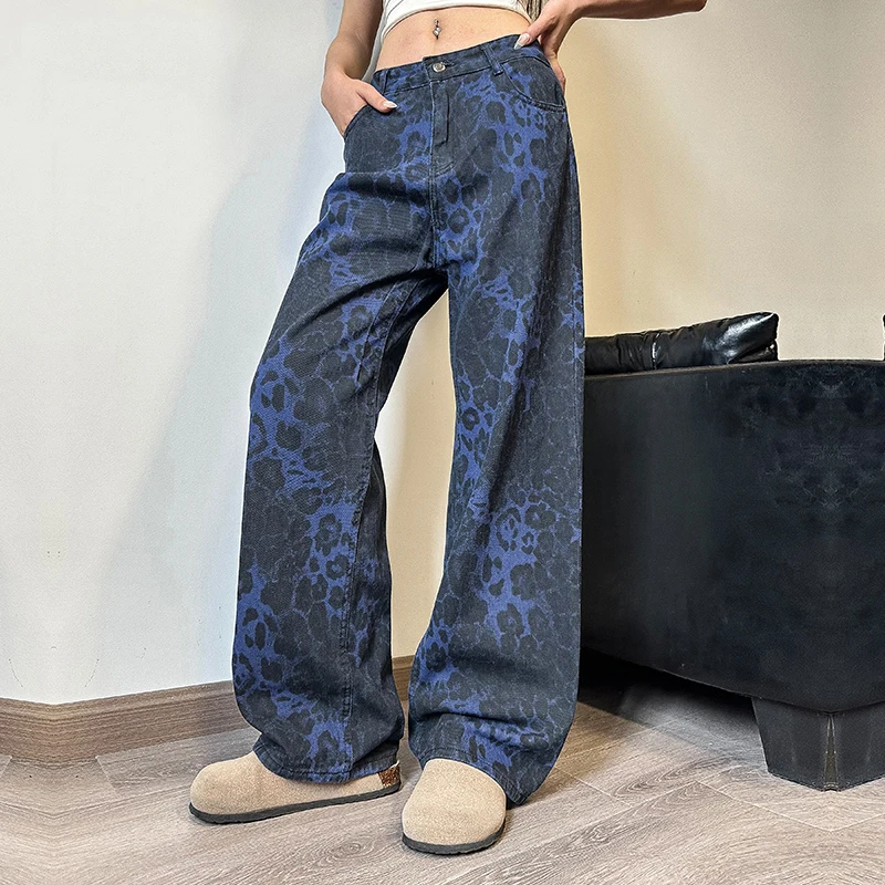 Women\'s Leopard Print Jeans Vintage Casual Straight Pants Streetwear Loose Wide Leg Pants Y2K Baggy Denim Trouser