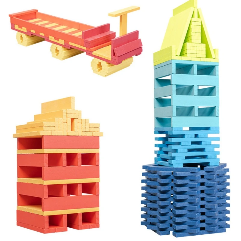 

Wooden Building Blocks For Kids Planks Set Montessori Stem Playset Creative Shapes Preschool Wood Colored Dominoes Stacked