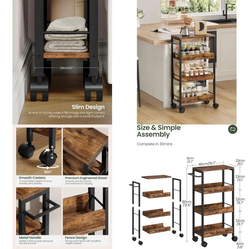 

4-Tier Compact Kitchen Serving Cart with Rolling Wheels, Rustic Brown and Black, Ideal for Small Spaces