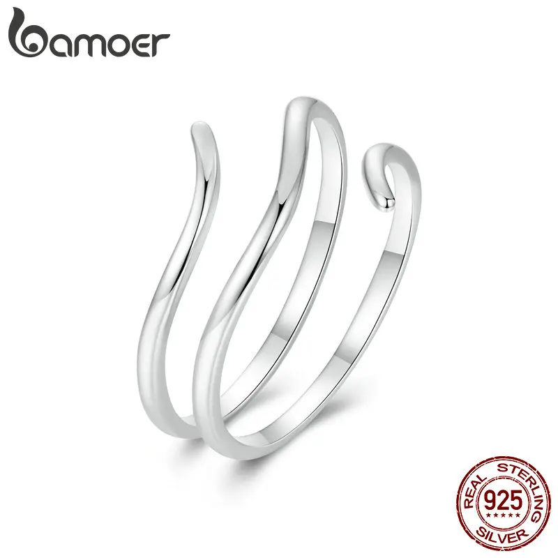 BAMOER 925 Sterling Silver Simple Multi-layer Opening Ring Lucky Adjustable Ring Statement Ring for Women Jewelry Gift SCR1040-E