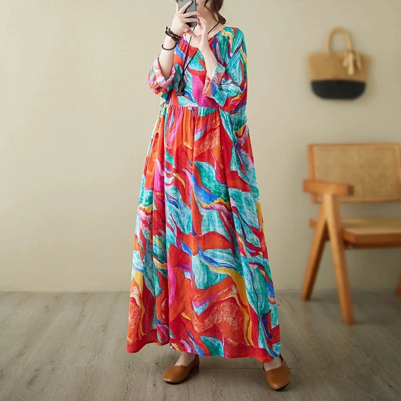 

Loose cotton and linen retro art vacation style slimming long-sleeved dress