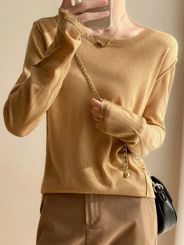 Elegant Thin Knitted Bottom Cashmere Sweater Women Pullover Loose O-neck Jumper Autumn Winter Female Sweaters Solid Tops 2024