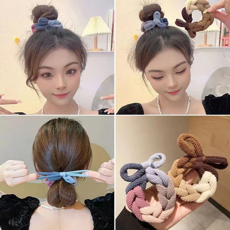 High Elasticity Braid Hair Rope Hair Ornament Autumn And Winter Hand-knitted Bow Band Hair Ring