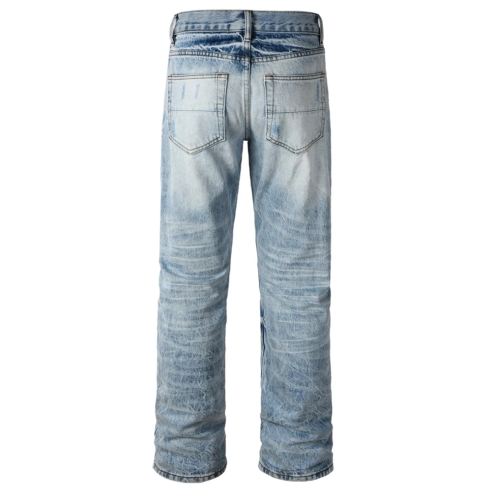 Men's Patchwork Denim Jeans Streetwear Ripped Patch High Quality Cotton Pants Casual Blue Loose Straight Trousers
