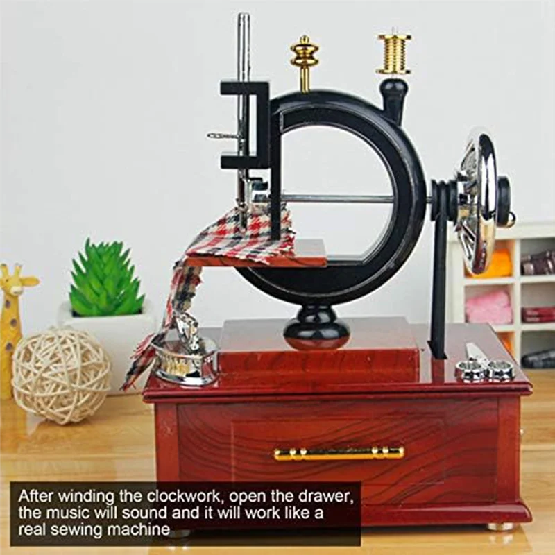 MAKE-재봉틀 모양의 뮤직 박스, 빈티지 미니 레트로 스타일 재봉 시계, 데스크탑 장식용 뮤지컬 박스 14.8 X 12 X