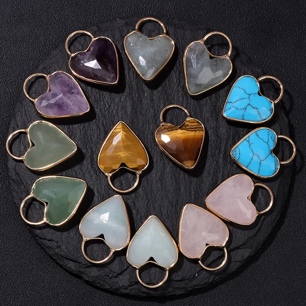 18x25MM Natural Heart Lock Shape Quartzs Pendant Amethyests Aventurine Amazonite Stone Charms For DIY Necklace Earrings Bracelet