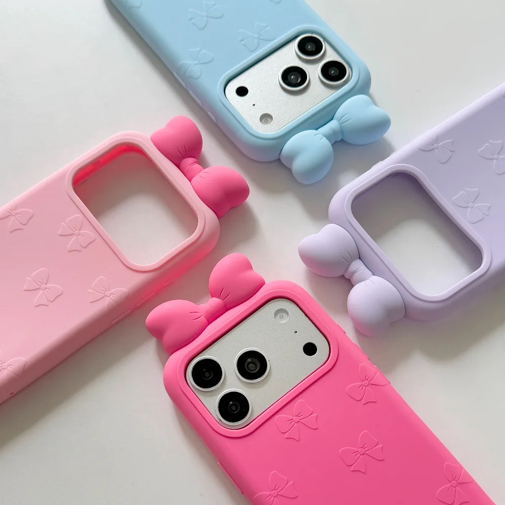 Einfarbige 3D-Schleife Silikon-Handyhülle für iPhone 18 17 Pro Max 16 15 Plus 14 Pro Weiche Niedliche Mädchenhafte Ästhetische Schutzhülle – Detail 5