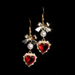 2022 New Fashion Wine Red Love Bow Pearl Exquisite High-end Earrings Ladies Party Birthday Gift Jewelry