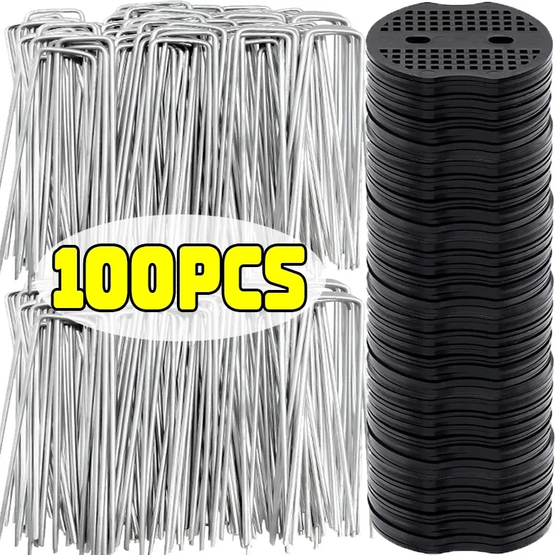 Galvanized Steel Garden Stakes with Gaskets U-Shape Landscape Pins Staple Ground Nail Fence Irrigation Tubing Film Fixed Pegs