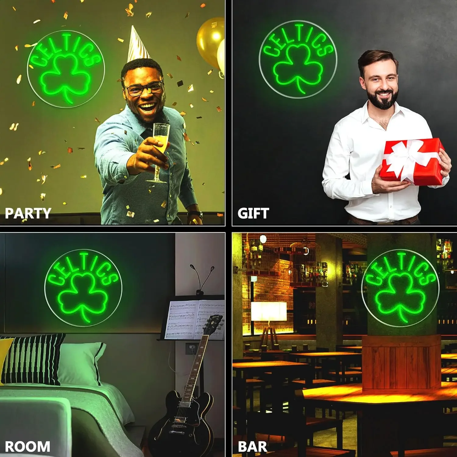 Celtics Shamrock Neon Light Dimmable Sign USB Power for Party Game Day Sports Shop Teen Bedroom Basketball Court Wall Decor Gift