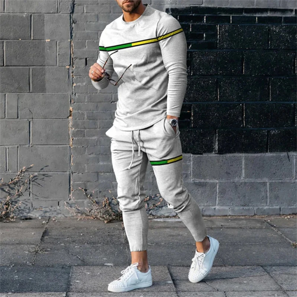 Fashion Men\'s Long Sleeve T-shirt Set Sports Pants New 3D Printed Casual Male Clothes Oversized Tracksuits 2 Piece Men Clothing