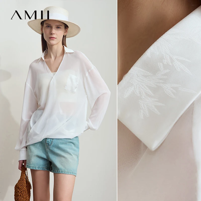 Amii minimalistische chiffon shirts voor dames losse effen V-hals verlaagde schouder lange mouwen dunne doorzichtige losse blouse 12512024