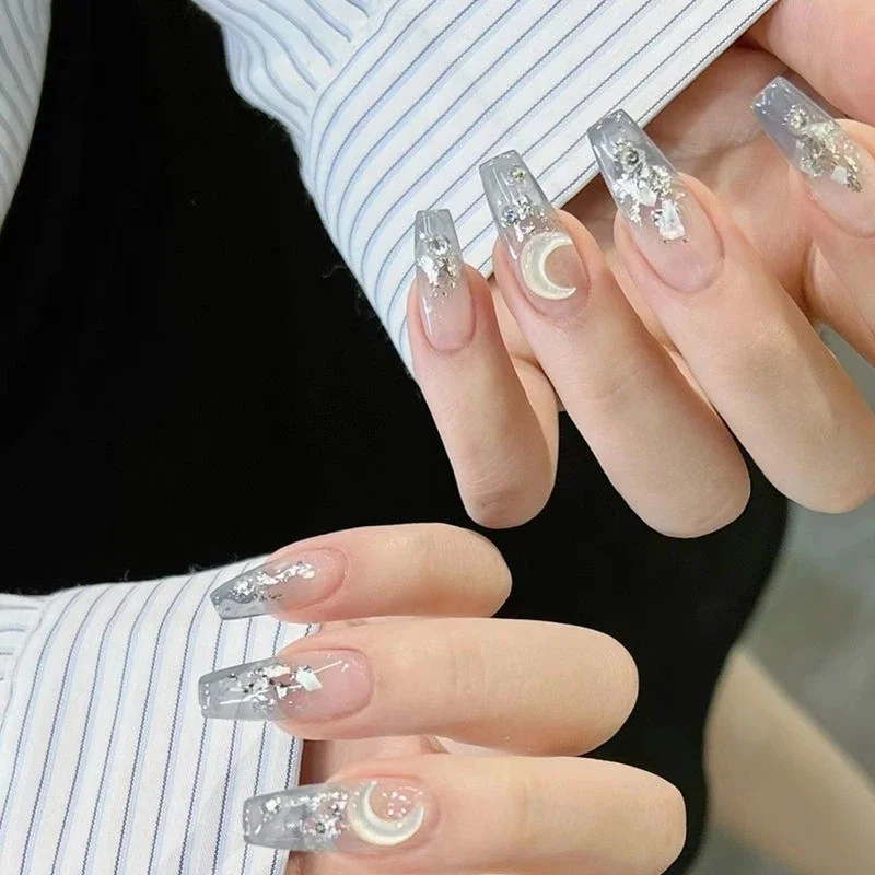 

（Handmade Manicures）10 PCS Medium and Long Trapezoidal Water Ice Moon Fake Nails Fresh and Beautiful Students Can Disassemble