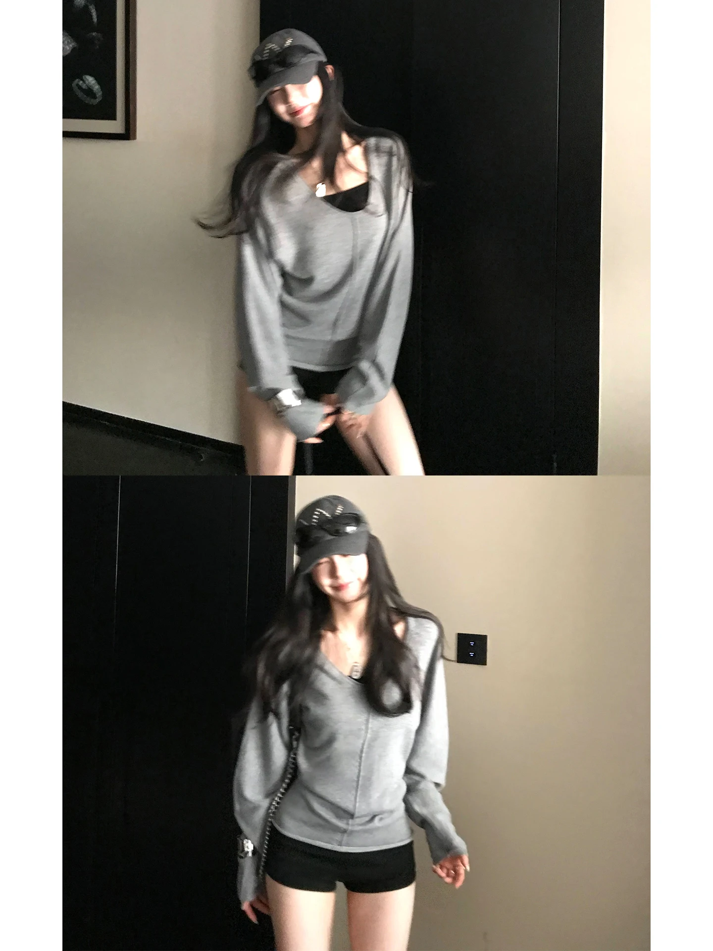 

Elegant Loose Knitted Sweater Deep U-Neck Silk Woolen Casual Wear for Women Simple Style Comfortable Fit Long Sleeve Crew Neck