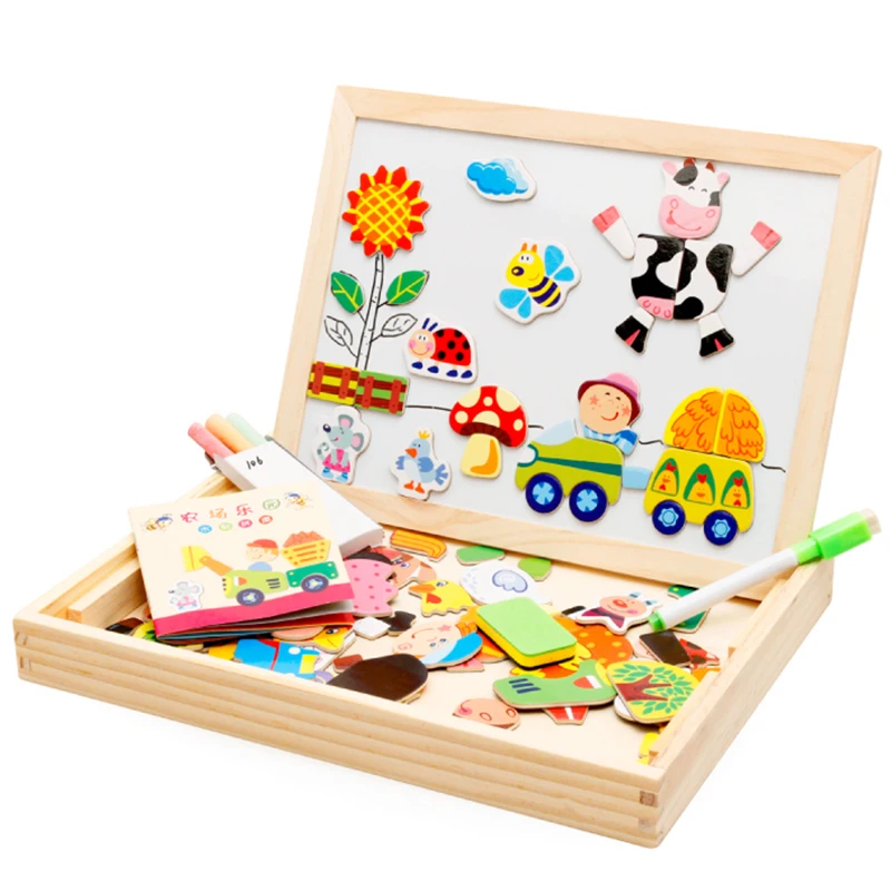 Wooden Multifunction Children Animal Puzzle Writing Magnetic Drawing Board Blackboard Learning Education Toys For Kids