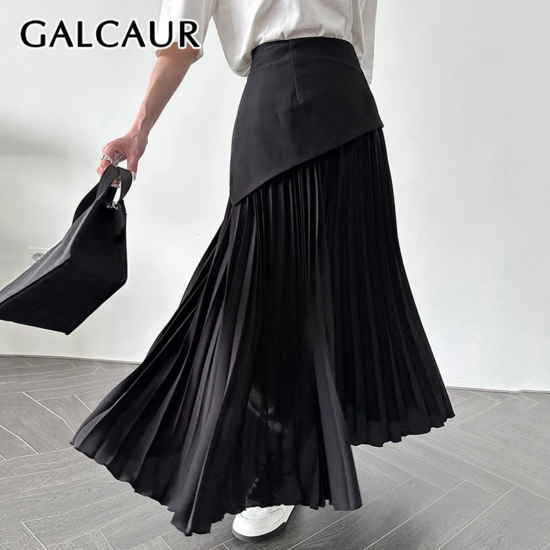 GALCAUR Temperament Pleated Skirt For Women High Waist Patchwork Design Elegant Long Skirts Female Fashion Style Clothing New