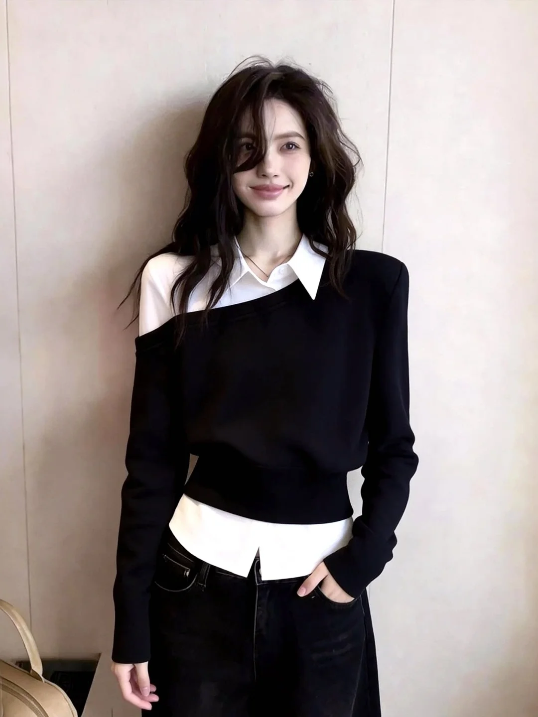 Slimming Long Sleeve Shirt Design Sense Patchwork Fashion Simple Style Women's Premium Spring Autumn Seasonal Clothing