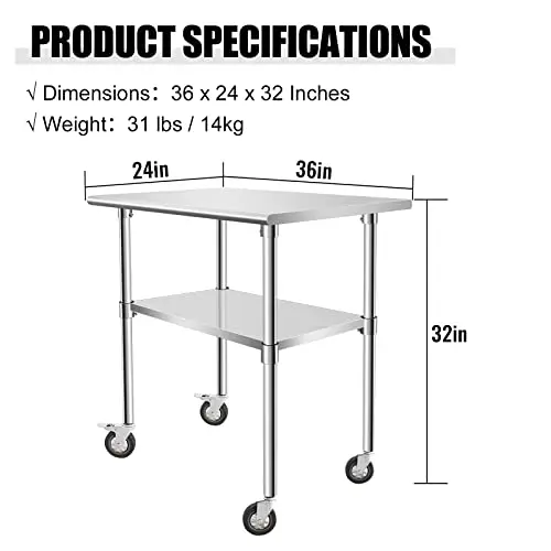 Prep Stainless Steel Table 36'' x 24'', Heavy Duty Workbench with Adjustable Under Shelf, Commercial Worktable with 4 Casters