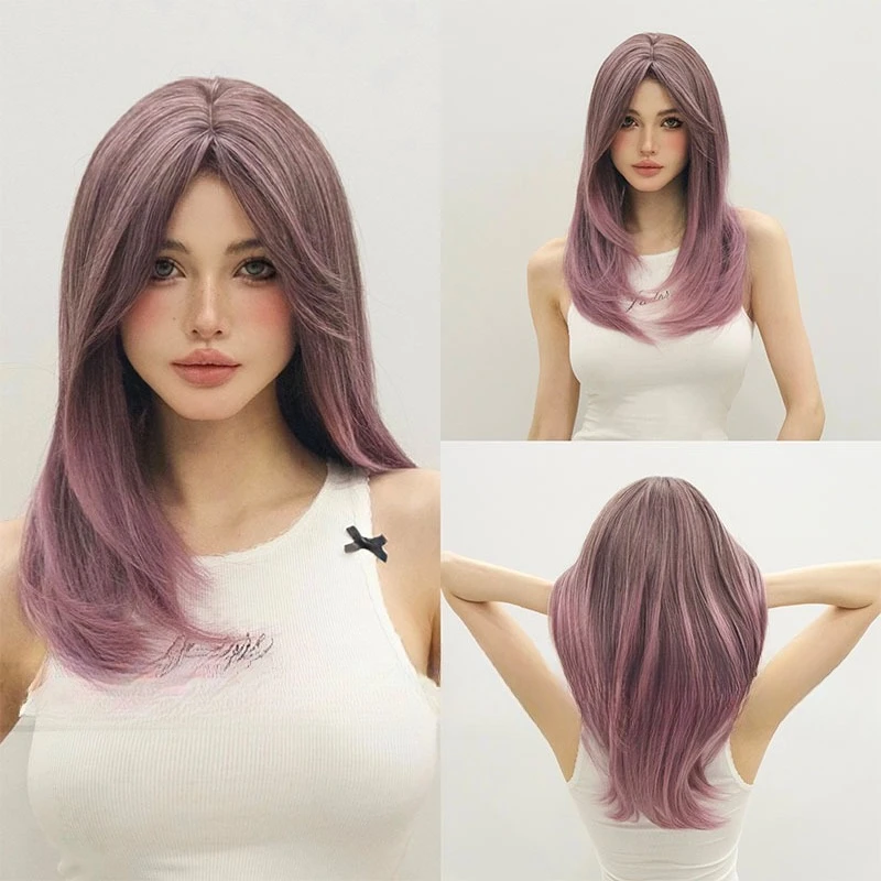 

New product gradual change vine purple eight-character bangs medium long hair fashion wolf tail mullet head medium long hair wig