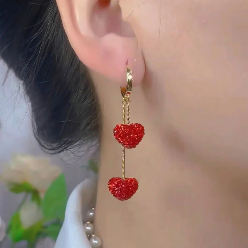 Delicate Red Heart Sweet Cute Personality Rhinestone Earrings Women\'s Daily Party Gift Fashion Jewelry