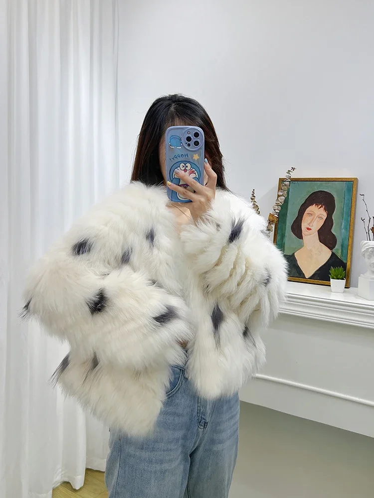 

V-neck Real Fox Fur Coat Short Young Fashion Strip Slim Fur Jackets Winter New 2023 Knitted Office Lady Spotted Women's Clothing