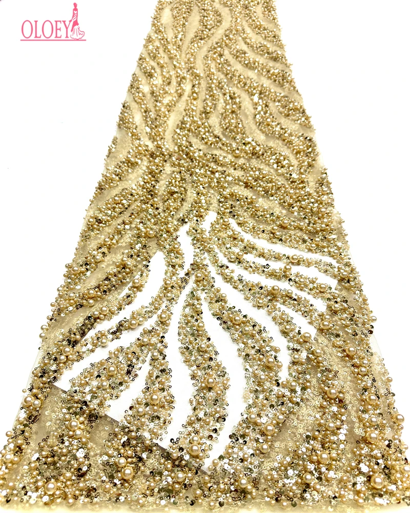 

OLOEY African Sequins Lace Fabric Beaded French Net Tulle High-Quality Pearls Sewing 2026