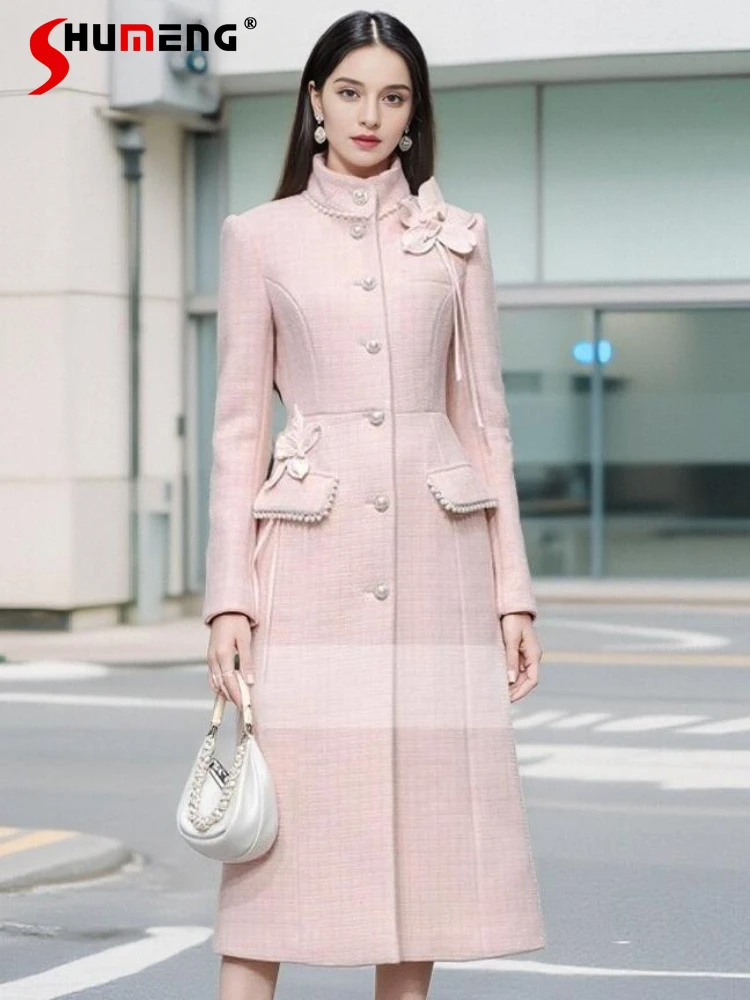 

2024 Women's Autumn Winter New Chic Blends Three-dimensional Flower Design Woolen Coats Waist-tight Long Sleeve Long Woolen Coat