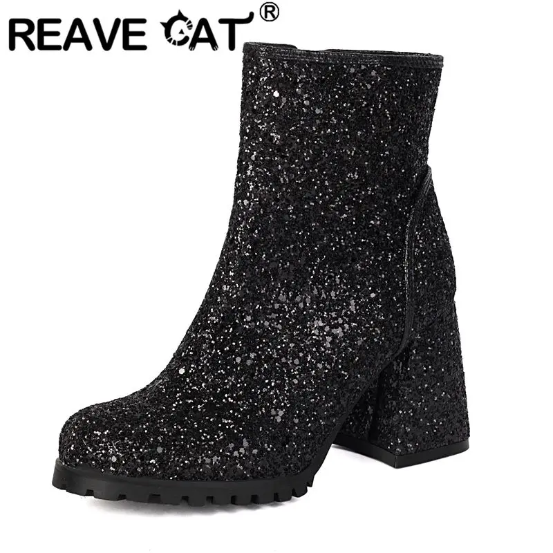 

REAVE CAT 2025 Новый дизайн блестящих ботильонов для женщин с круглым носком на блочном каблуке 8,5 см на молнии модные свидания Bota размера плюс 46 47 48