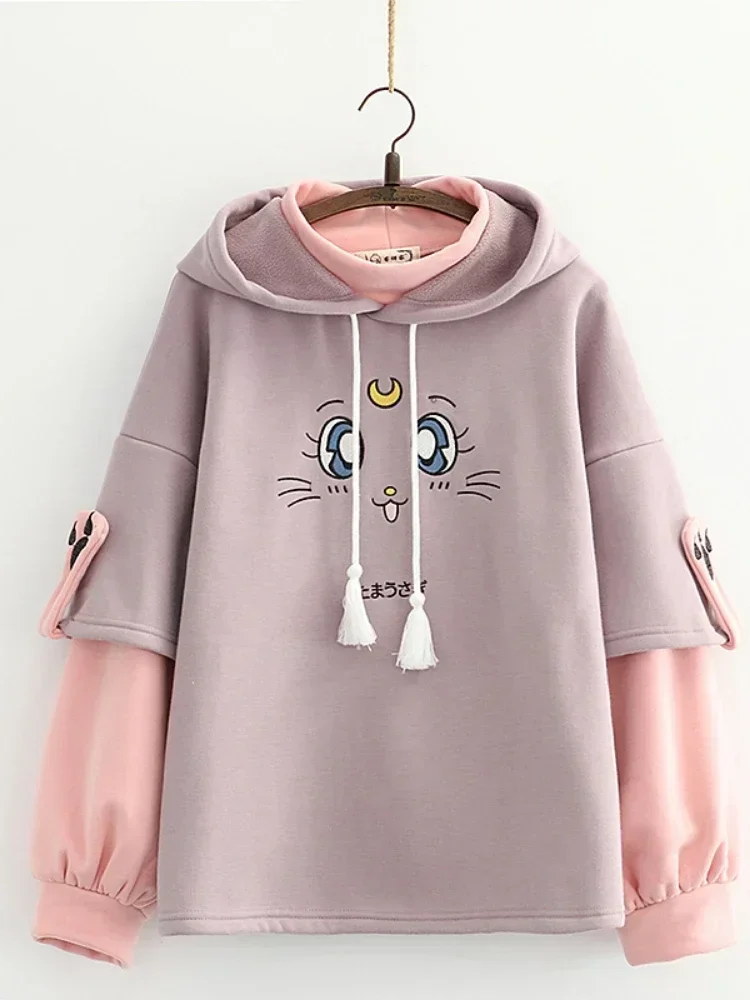 High Quality Cat Embroidery Fleece Hooded Sweatshirts Winter Women Harakuju Cute Hoodies Long Sleeve Kawaii Pullover Tracksuits