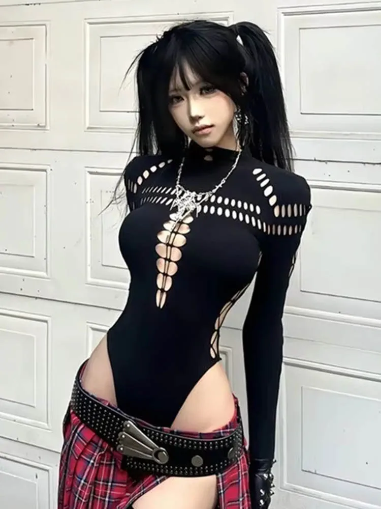 2026 Summer New American Streetwear Ripped Hollow-out T-Shirt Women Rock Sub Hot Girl Punk Dark Slim Fit Bodysuit
