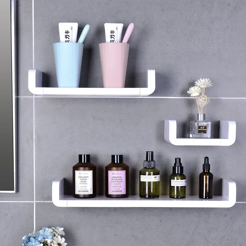 

White Storage Rack Shelf Bathroom Kitchen Seasoning Debris Rack Shampoo Bath Shower Rack Wall-Mounted Self-Adhesive Set of 3