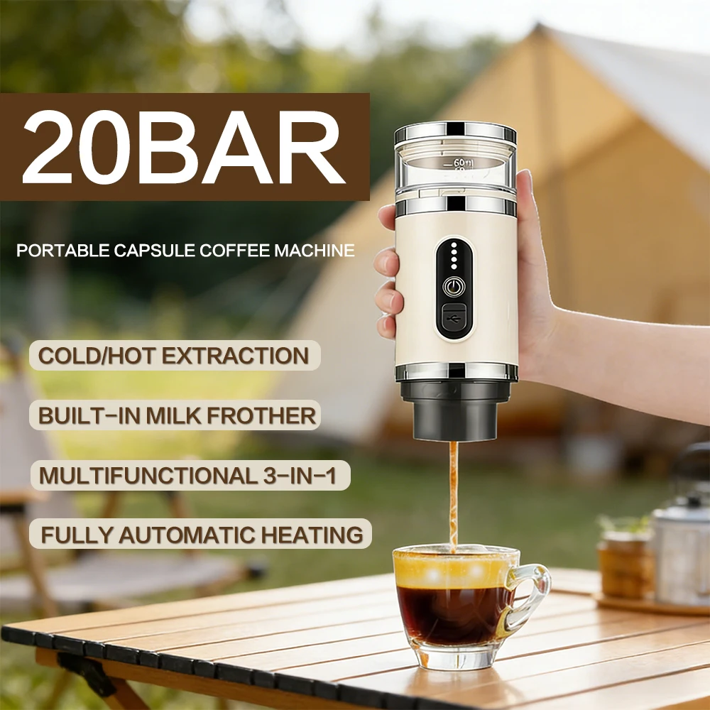 

Outdoor portable capsule coffee machine with milk frother 3in1 multi-functional espresso machine 20bar high-pressure extraction