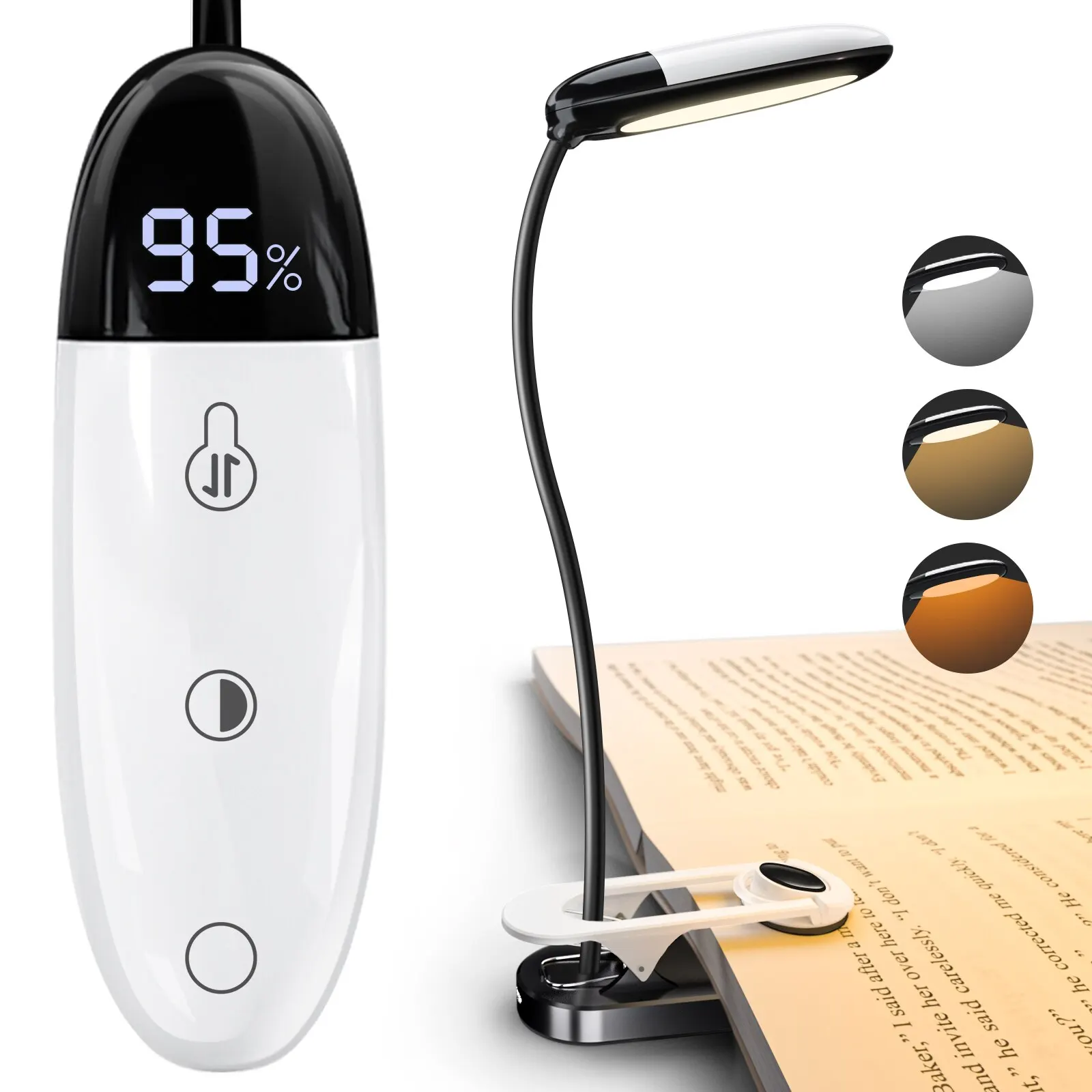 

3 Colors 5 Brightness Displays Battery Power Rechargeable Mini LED Reading Light Flexible Easy Clip Night Reading Lamp in Bed