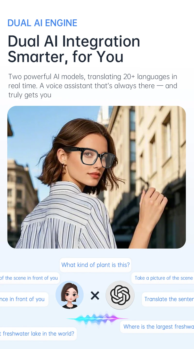 AI Smart Audio-Brille mit 4K HD-Kamera, WLAN-Videoaufzeichnung, Bluetooth-Anruffunktion, mehrsprachiger Übersetzung und tragbarem Smart-Eyewear – Detail 4