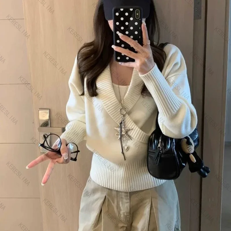 

Осенне-зимний однотонный удобный универсальный повседневный облегающий вязаный свитер с v-образным вырезом, популярный классический свитер в американском стиле ретро