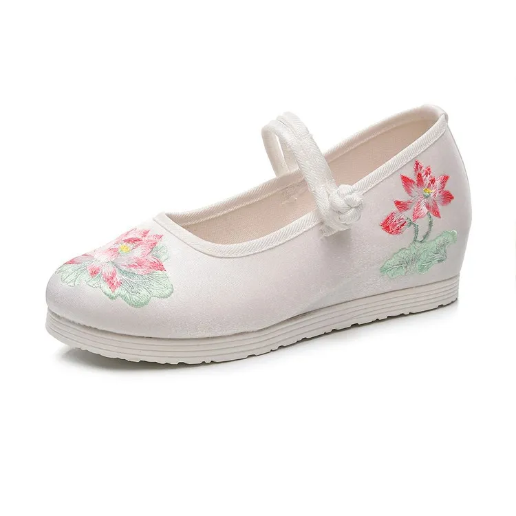 2026 Women's White & Green Lotus Embroidery Wedge Heel Mary Jane Shoes Oriental Style Chinese Hanfu Shoes Casual Pumps Q-240 - view 5