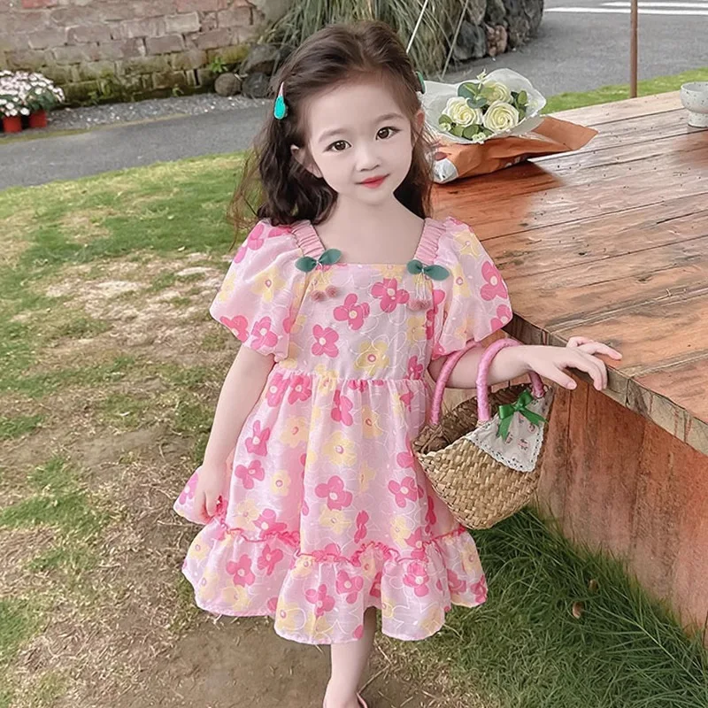 Girls Skirt Foreign Style Princess Small Fragrant Summer Flower Short Sleeve Dress Girl Baby 2024 New Skirt Summer Dress