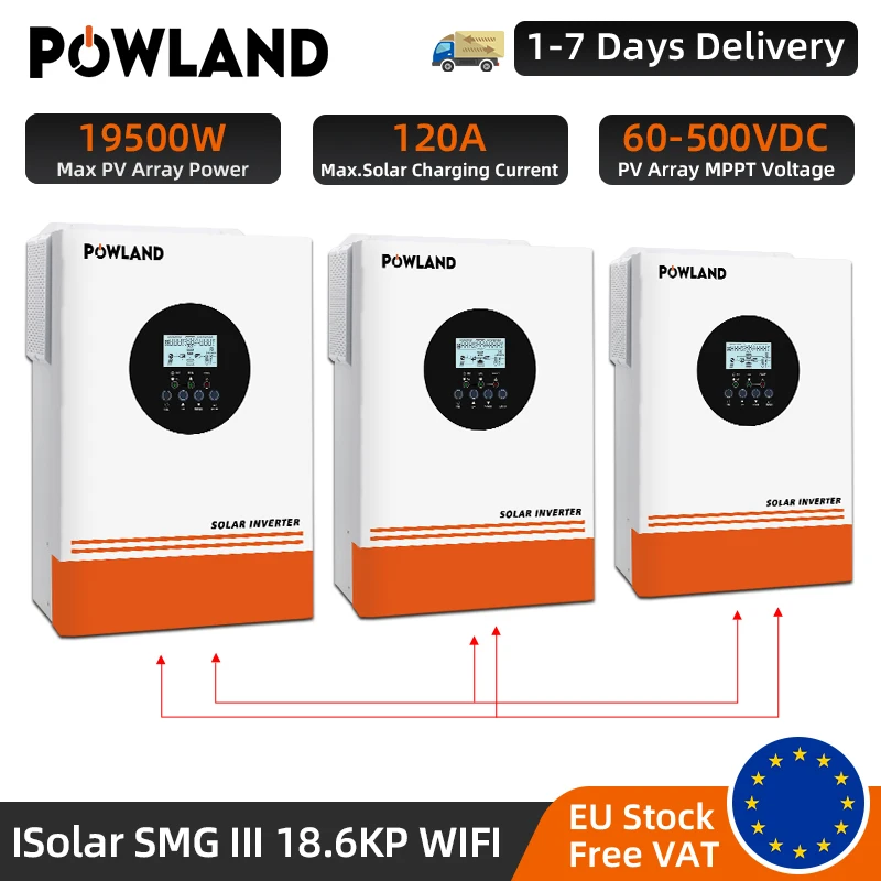 POWLAND 18600W Solar Inverter 48V 220V Mppt 120A PV Input 500V Charge Controller Pure Sine Wave With WIFI Support 3 Phases BMS