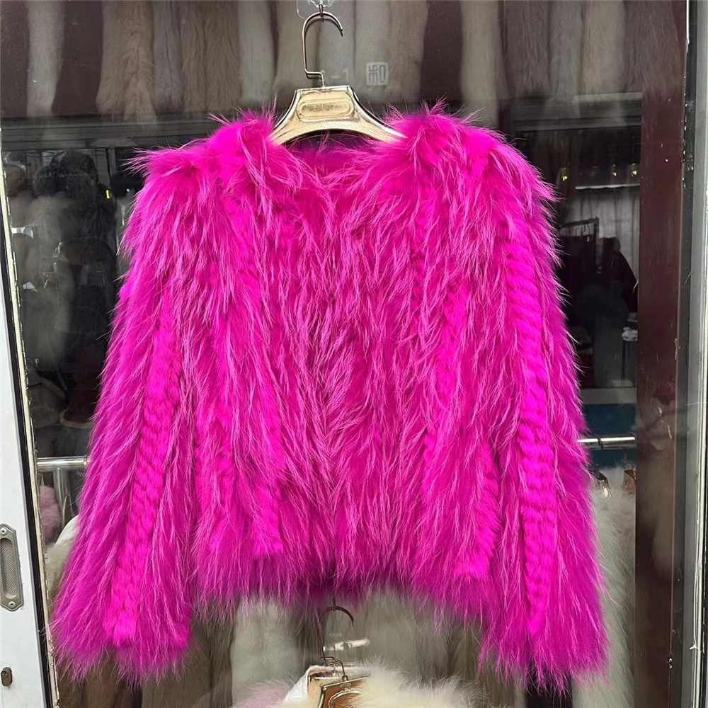 Real Raccoon Fur Woven Coat For Women Rabbit Fur Autumn Winter Fashion Short Double Faced Real Fur Coat Princess Style Y3111