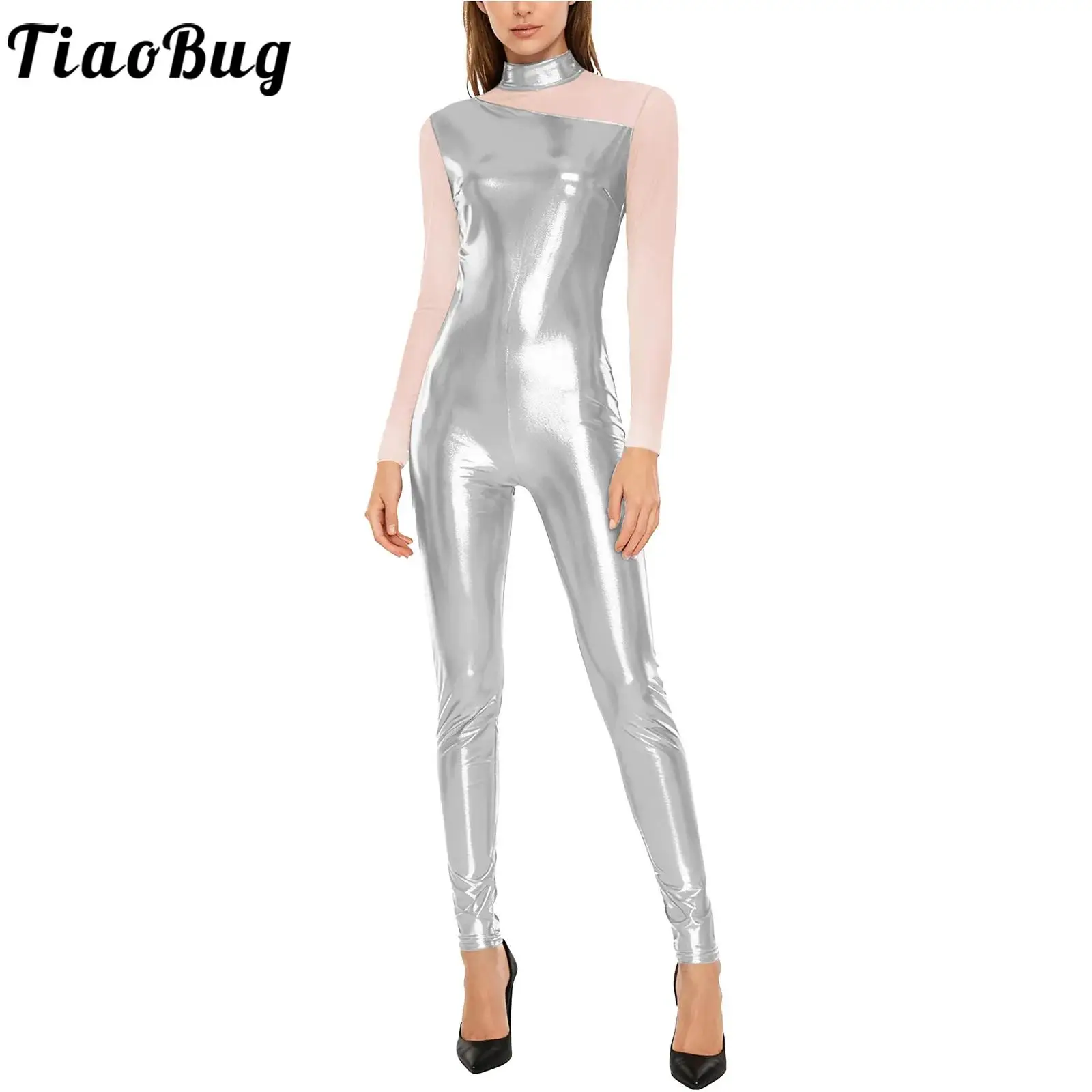 

Women Metallic Shiny Full-body Jumpsuit Ballet Yoga Workouot Dancewear Sheer Mesh Patchwork Long Sleeve Leggings Party Rompers
