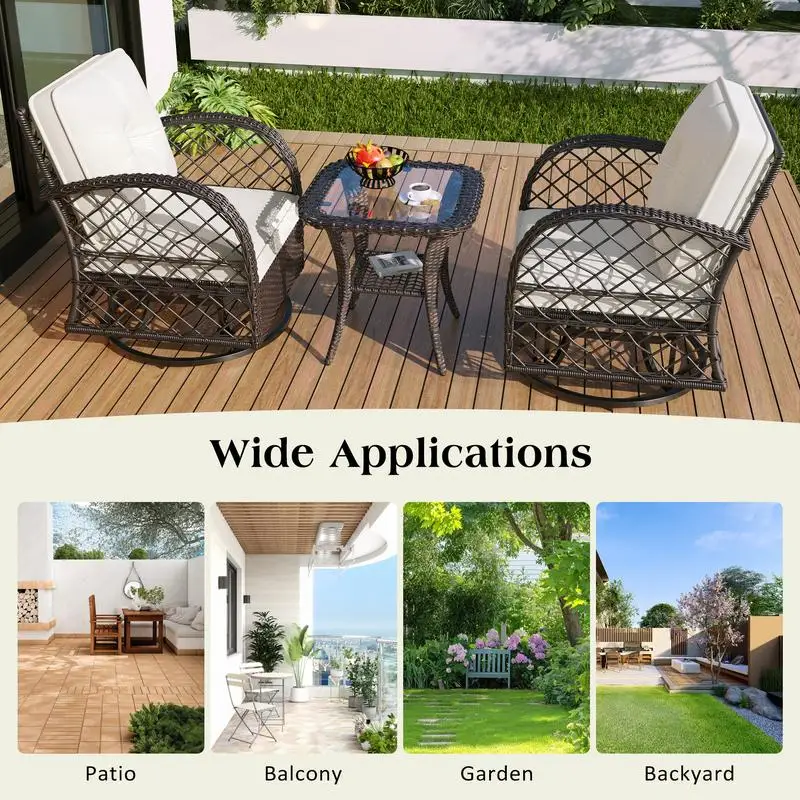 3-Piece Outdoor Chair & Table Set, 2-Person Rattan Seating Group with Swiveling Rocking Chairs & Square Table for Patio,
